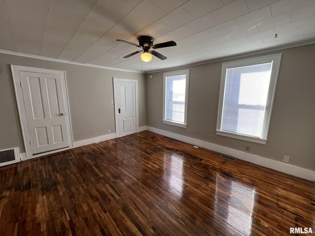 unfurnished room with ornamental molding, hardwood / wood-style flooring, and ceiling fan