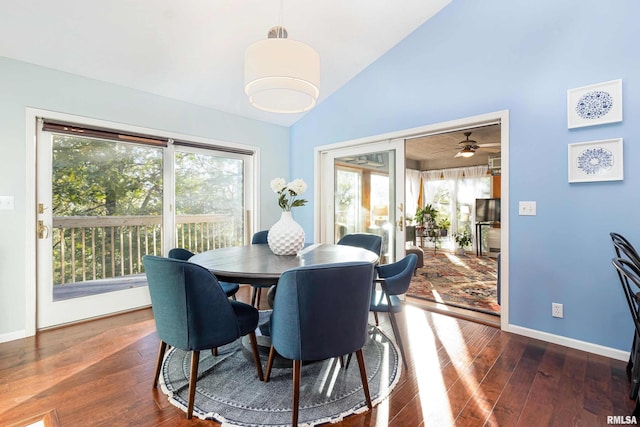 dining area featuring dark wood-type flooring, ceiling fan, and plenty of natural light