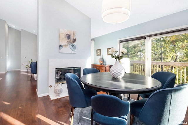 dining room featuring high vaulted ceiling and dark wood-type flooring