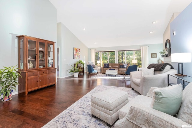 living room with dark hardwood / wood-style floors and high vaulted ceiling