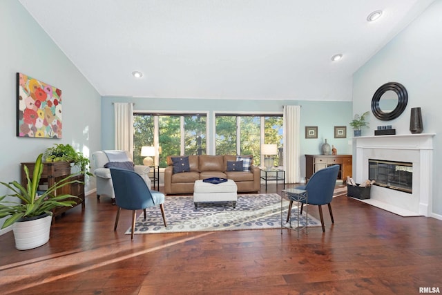 living room featuring vaulted ceiling and dark hardwood / wood-style flooring