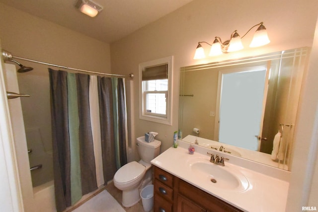 full bathroom with toilet, shower / bath combo, and vanity