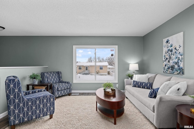 living room featuring a textured ceiling and hardwood / wood-style floors