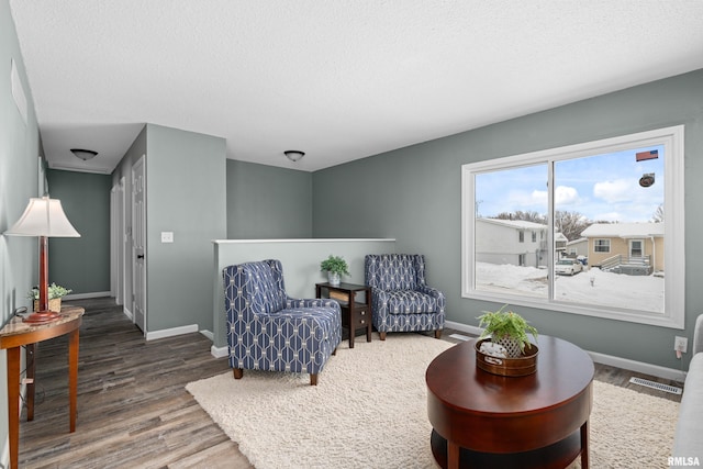 sitting room featuring a textured ceiling and wood-type flooring