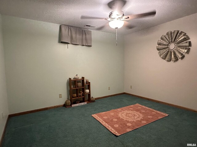 empty room with visible vents, carpet, a textured ceiling, and ceiling fan