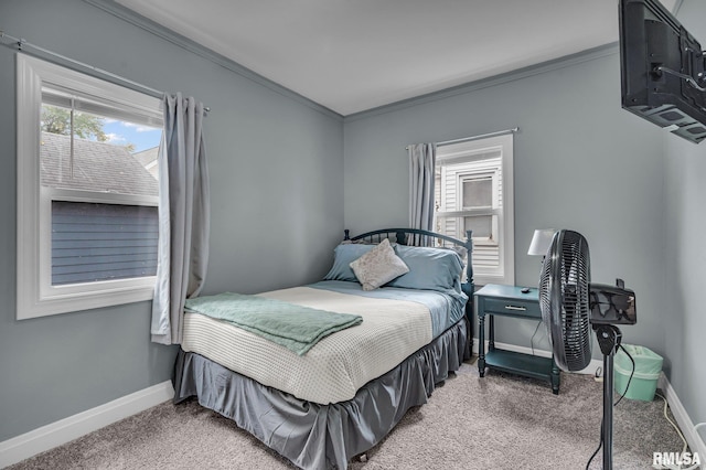 bedroom with crown molding and carpet