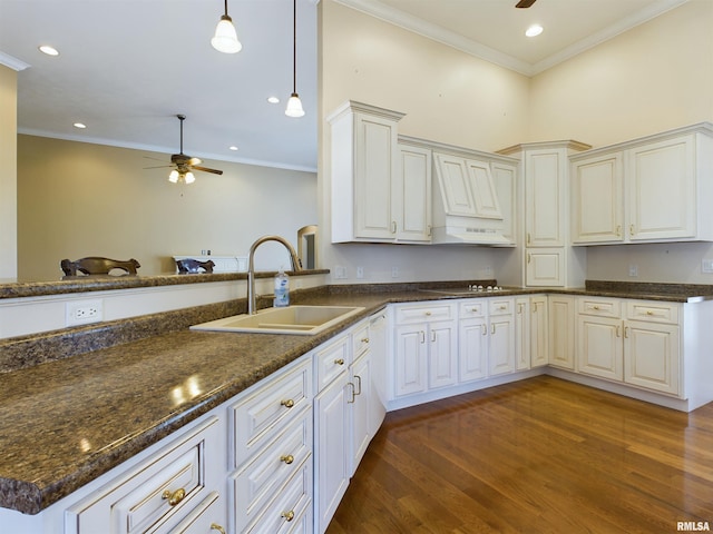 kitchen with sink, kitchen peninsula, dark stone counters, ornamental molding, and dark hardwood / wood-style floors