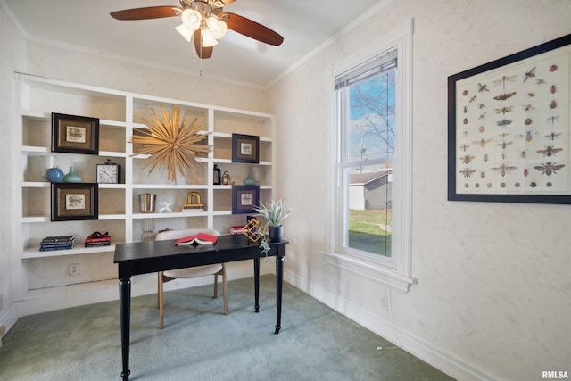 office featuring carpet floors and crown molding