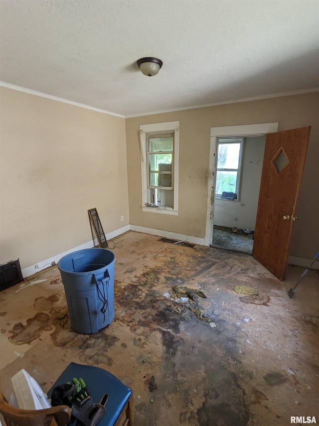 interior space featuring a textured ceiling and ornamental molding