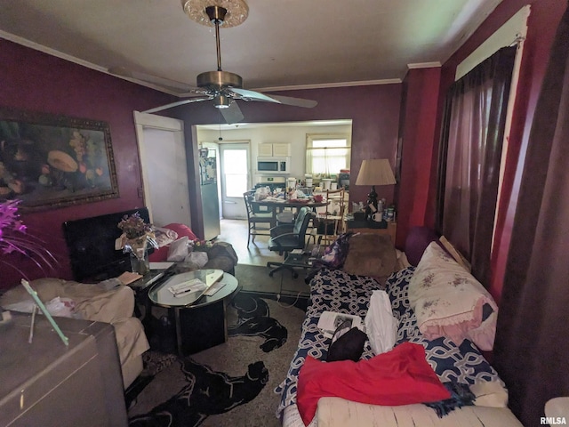 carpeted living room with crown molding and ceiling fan