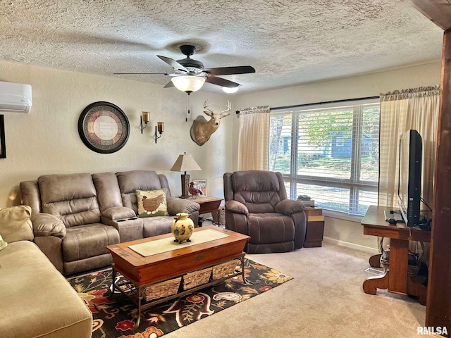 carpeted living room with a wall unit AC, a textured ceiling, and ceiling fan