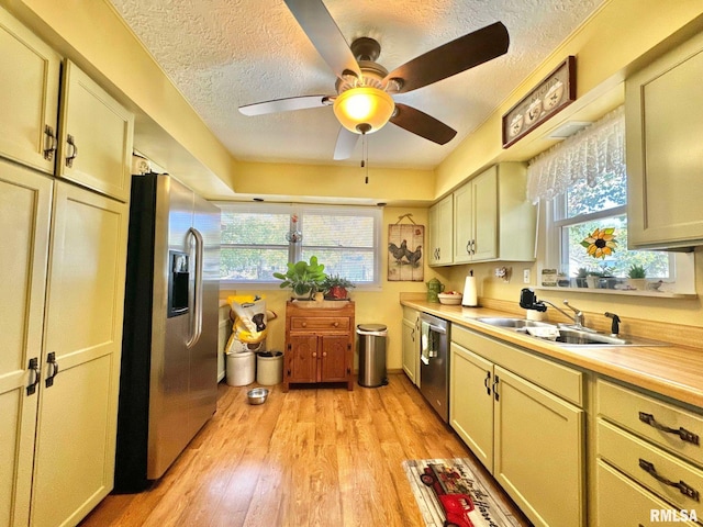 kitchen featuring cream cabinets, sink, a textured ceiling, stainless steel appliances, and light hardwood / wood-style flooring