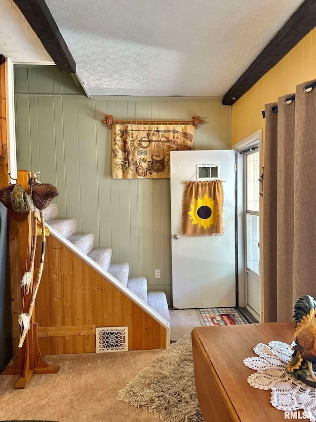 interior space with light carpet, a textured ceiling, and wood walls