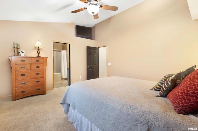 bedroom with high vaulted ceiling, light colored carpet, and ceiling fan