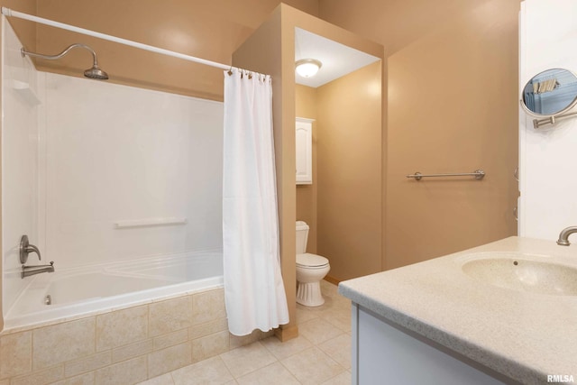 full bathroom with toilet, vanity, tile patterned floors, and shower / tub combo with curtain