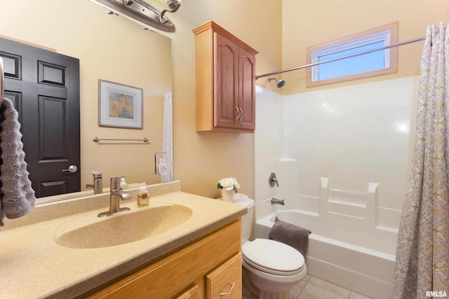 full bathroom featuring shower / bath combo, tile patterned flooring, vanity, and toilet