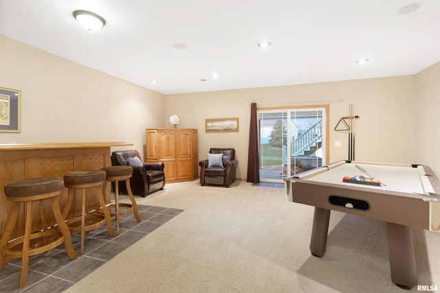 game room featuring billiards, bar, and dark carpet