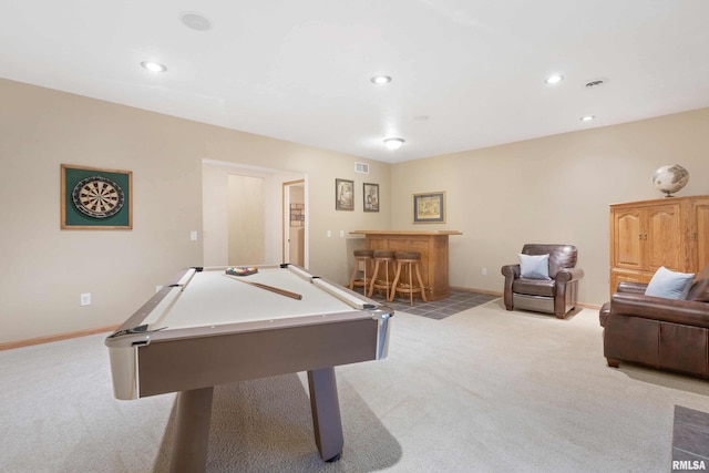 playroom with bar area, light carpet, and billiards