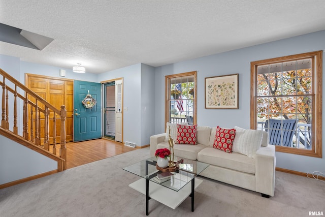 carpeted living room featuring a wealth of natural light and a textured ceiling