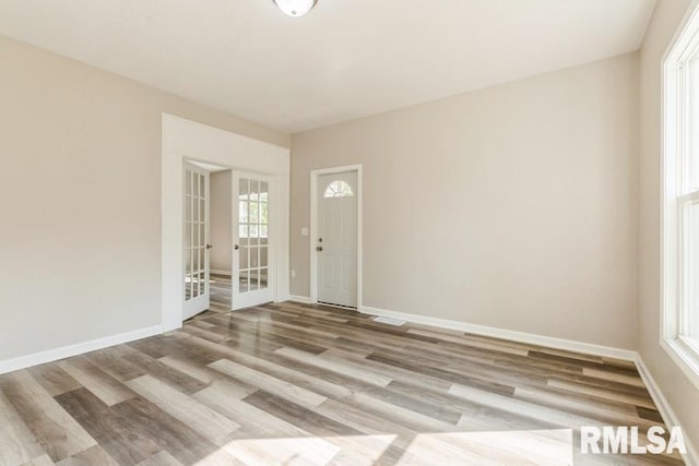 empty room featuring light hardwood / wood-style floors, a wealth of natural light, and french doors