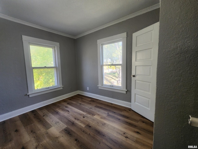 spare room with a wealth of natural light, ornamental molding, and dark hardwood / wood-style floors