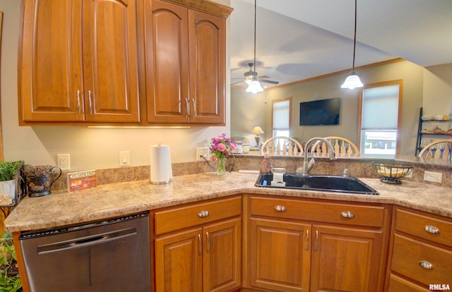 kitchen featuring sink, dishwasher, hanging light fixtures, ceiling fan, and light stone counters