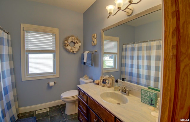 bathroom with vanity, toilet, and tile patterned floors