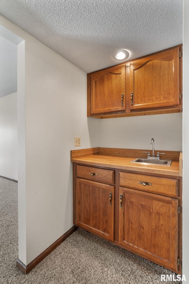 kitchen with a textured ceiling, sink, and light colored carpet