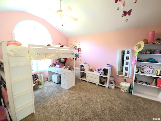 bedroom featuring lofted ceiling, carpet floors, and ceiling fan