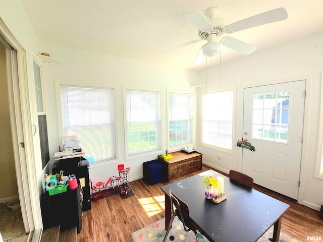 sunroom featuring ceiling fan