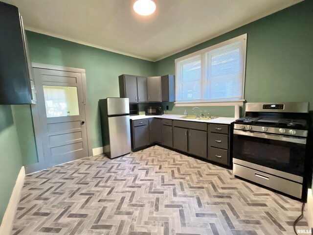 825 11th Ave S, Clinton, IA 52732 - kitchen featuring stainless steel appliances, gray cabinetry, light countertops, healthy amount of natural light, and crown molding