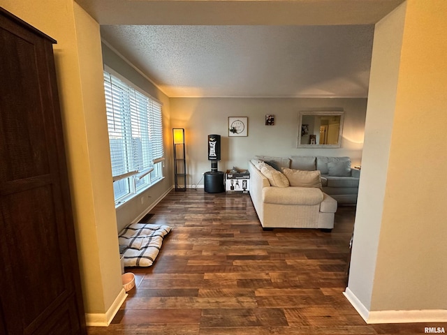 living room featuring a textured ceiling and dark hardwood / wood-style floors