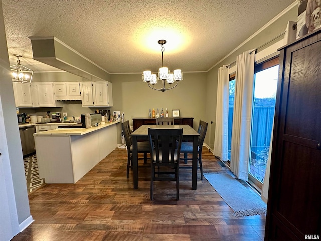 dining space with ornamental molding, dark wood-type flooring, and a textured ceiling