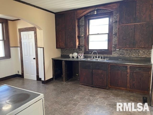 kitchen featuring stove, sink, dark brown cabinetry, and ornamental molding