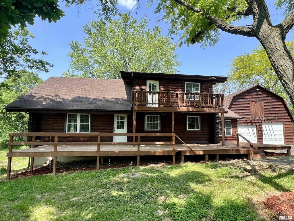504 Bobbi Ln, Vermont, IL 61484 - rear view of property featuring a yard, a wooden deck, log exterior, and roof with shingles