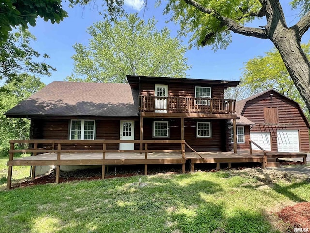 504 Bobbi Ln, Vermont, IL 61484 - rear view of property featuring a yard, a wooden deck, log exterior, and roof with shingles