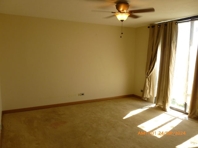 spare room with ceiling fan, a wealth of natural light, and light colored carpet