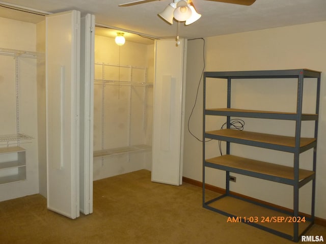 basement with carpet and ceiling fan