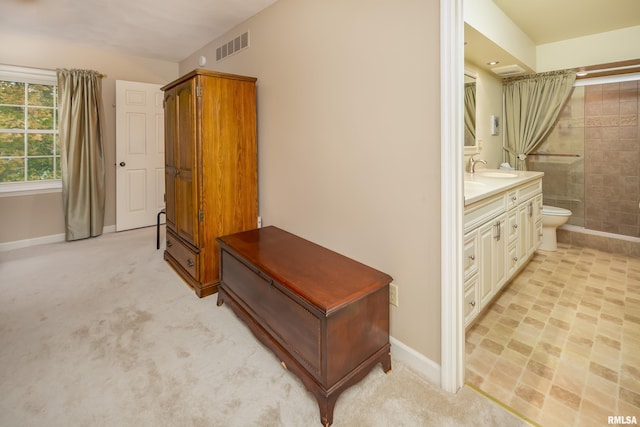 interior space with vanity, toilet, and a tile shower