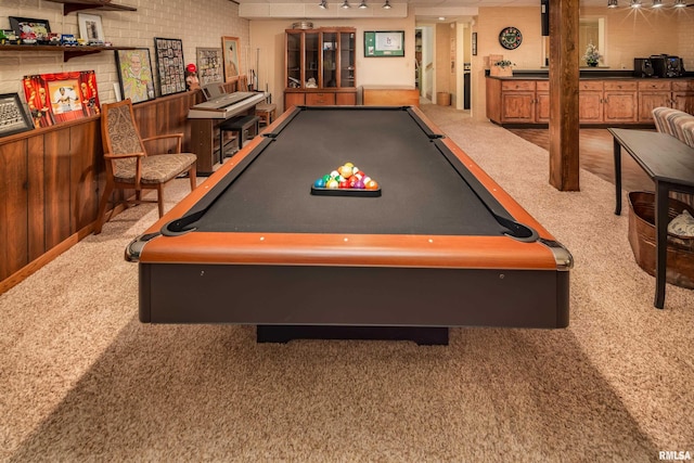 playroom with carpet flooring, rail lighting, and pool table