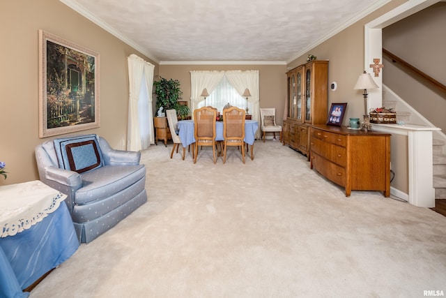 carpeted dining room featuring ornamental molding