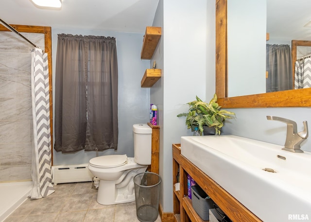 bathroom with a baseboard heating unit, tile patterned floors, sink, a shower with shower curtain, and toilet