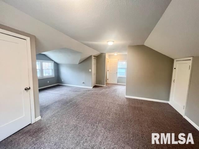 additional living space with dark colored carpet, a textured ceiling, and vaulted ceiling