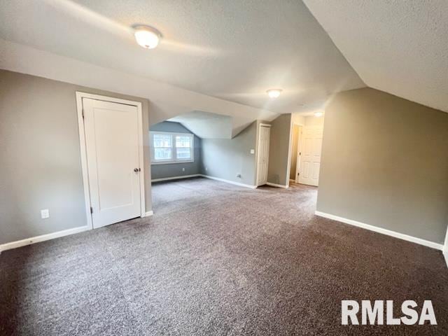 additional living space featuring vaulted ceiling, carpet flooring, and a textured ceiling