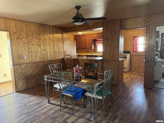 dining area with dark hardwood / wood-style flooring, ceiling fan, and wood walls