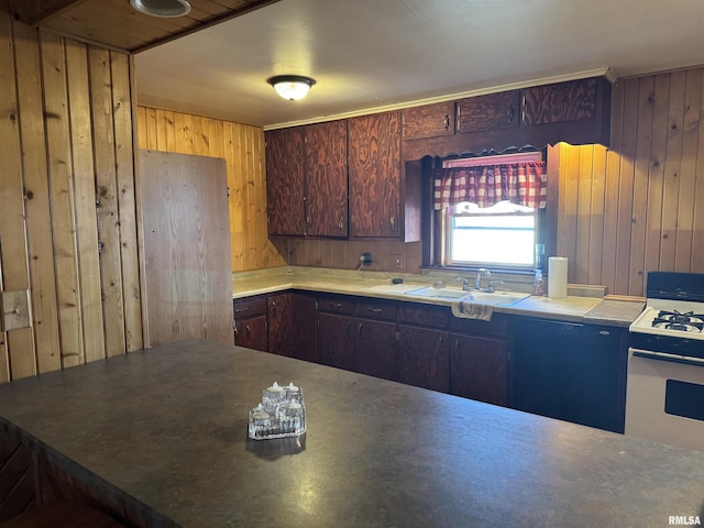 kitchen with white stove, dishwasher, sink, and wooden walls