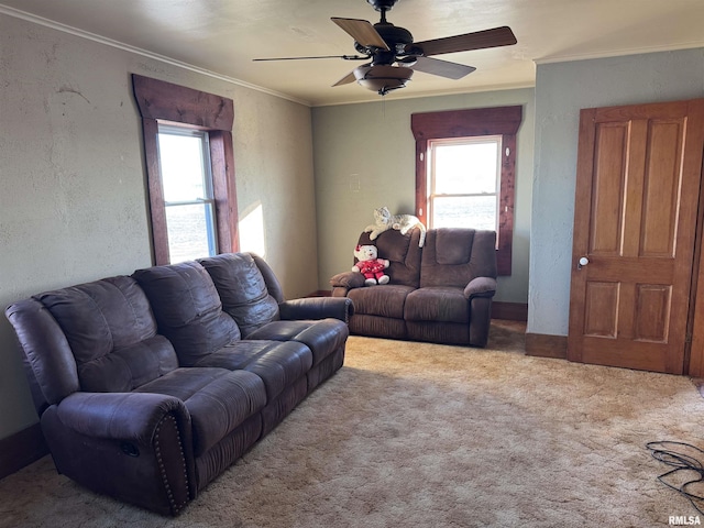 living room with carpet floors, ceiling fan, and crown molding