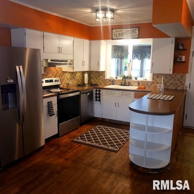 kitchen with dark wood-type flooring, white cabinets, sink, appliances with stainless steel finishes, and range hood