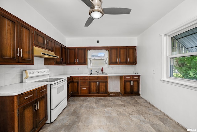 kitchen featuring electric stove, sink, tasteful backsplash, ceiling fan, and dark brown cabinets