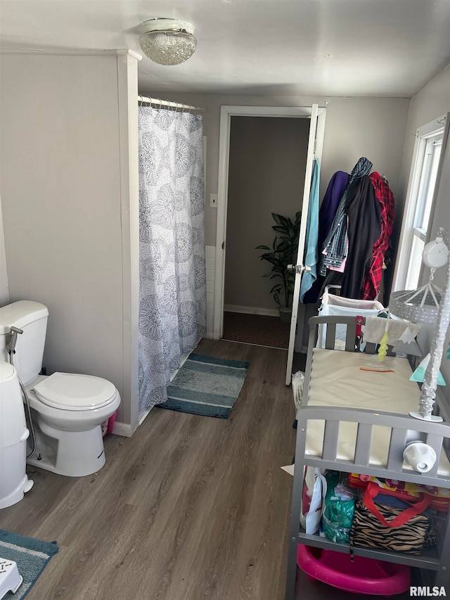 bathroom with toilet and wood-type flooring